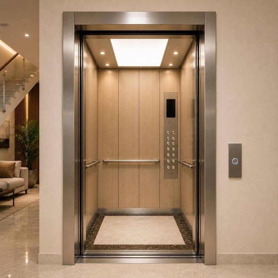 Home elevator in a residential building lobby